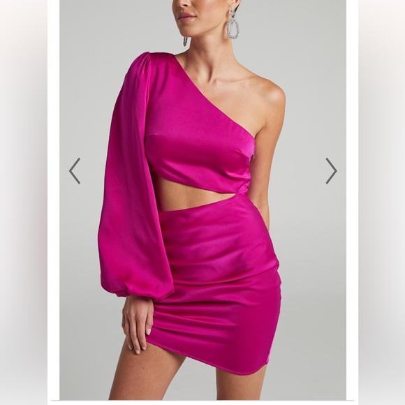 Showpo Rayanna One Shoulder Satin Long Sleeve Cut Out Mini Dress in Fuschia - Picture 5 of 10